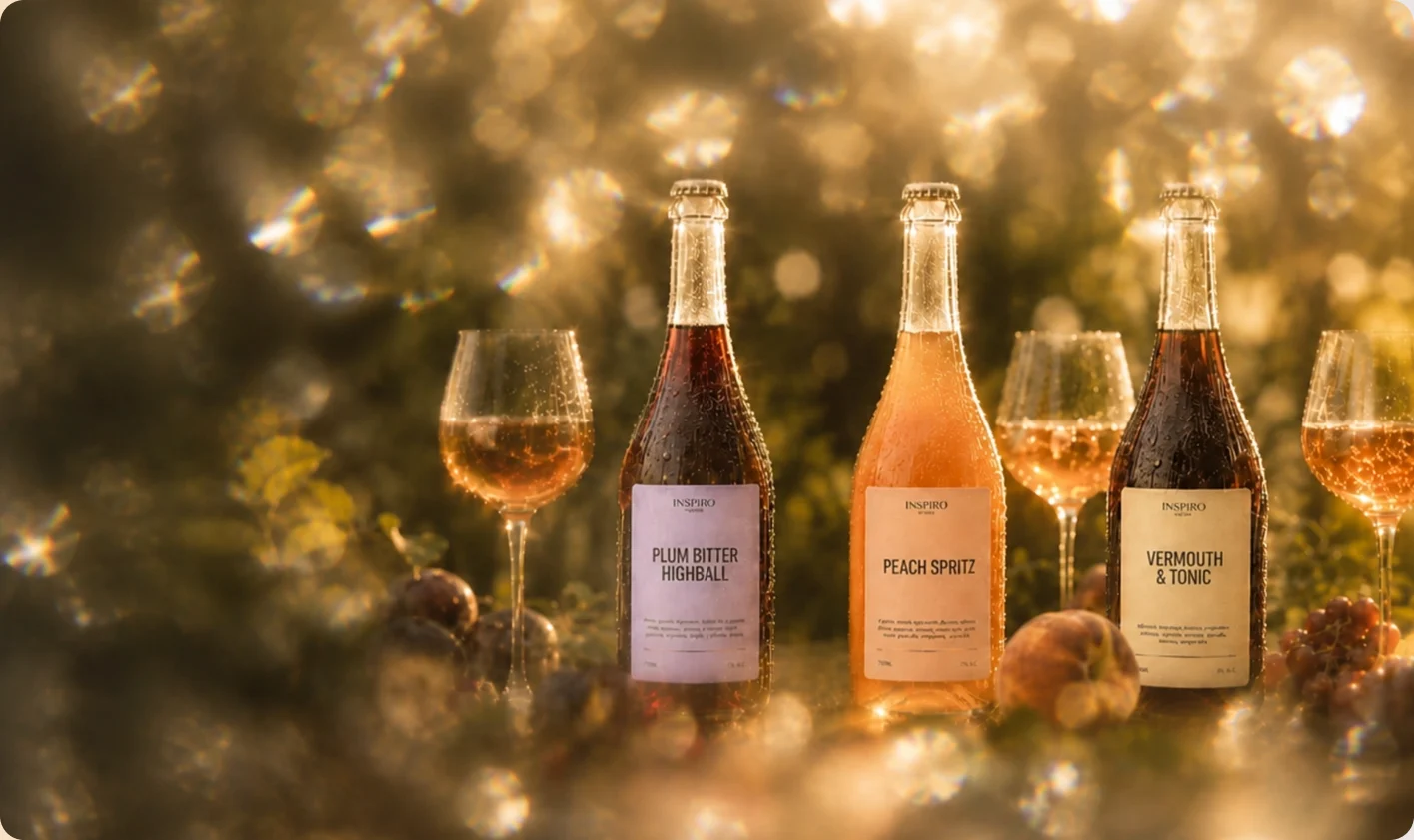 INSPIRO Blends bottles and glasses in warm sunset light